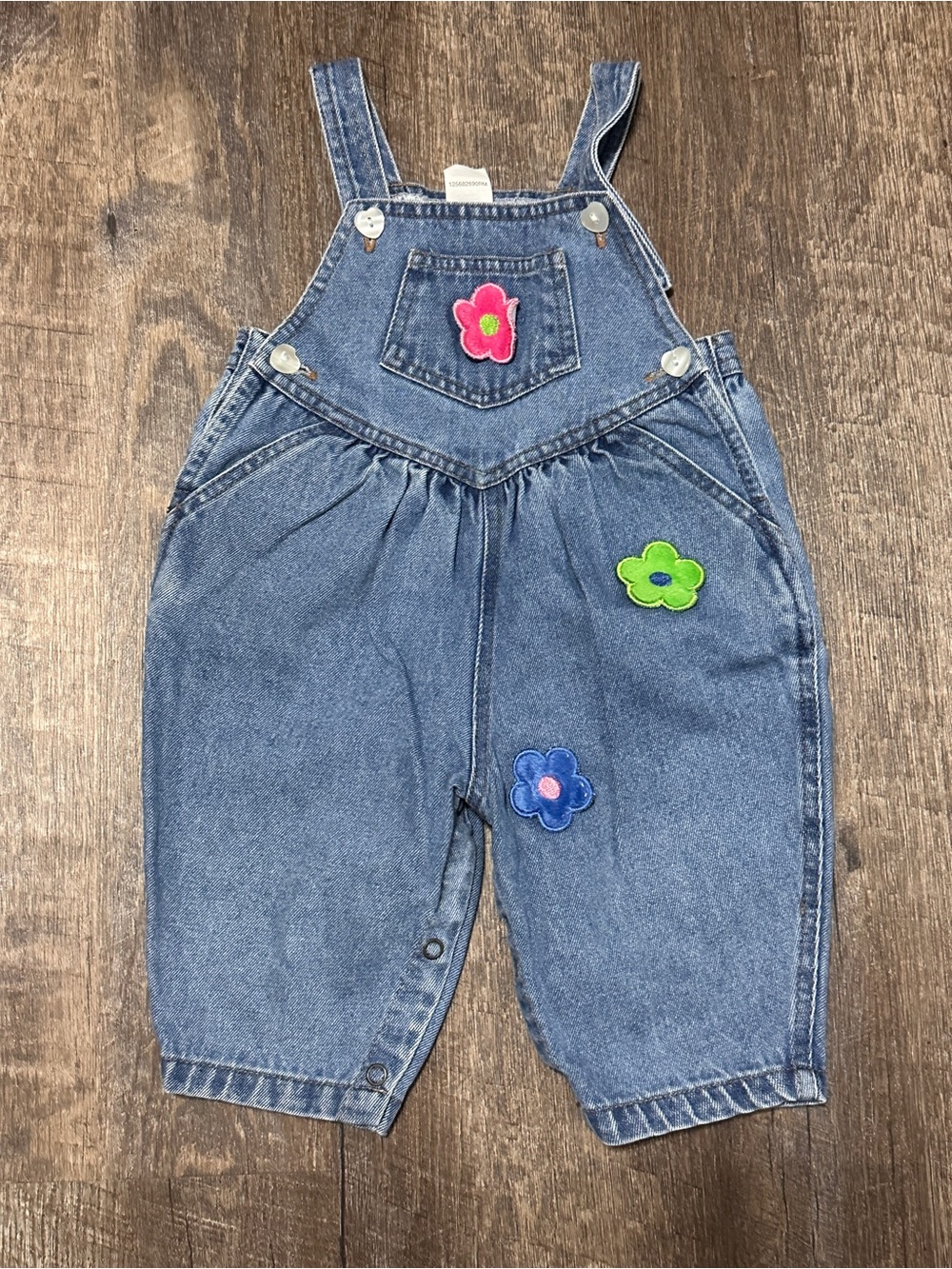 Vintage Baby Girl Denim 100% Cotton Overalls Floral Flower Patches 6-9 Months